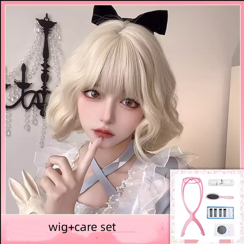 Alicegarden - Sweet Lolita Wigs Short Curly Platinum Color Wigs platinum wig+ four-piece set(hair clip+hairnet+comb+hair rack)