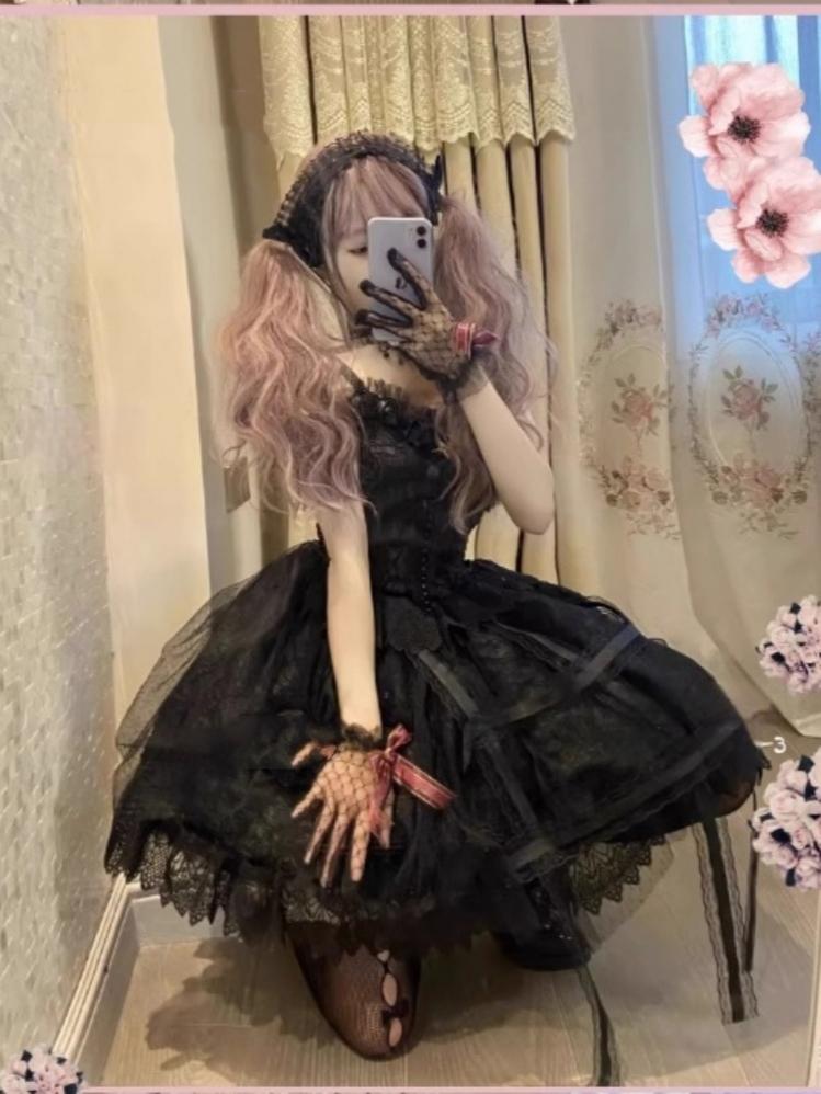 Doujiang~Rose Cage~Gothic Lolita Dress Black Suspender Dress   