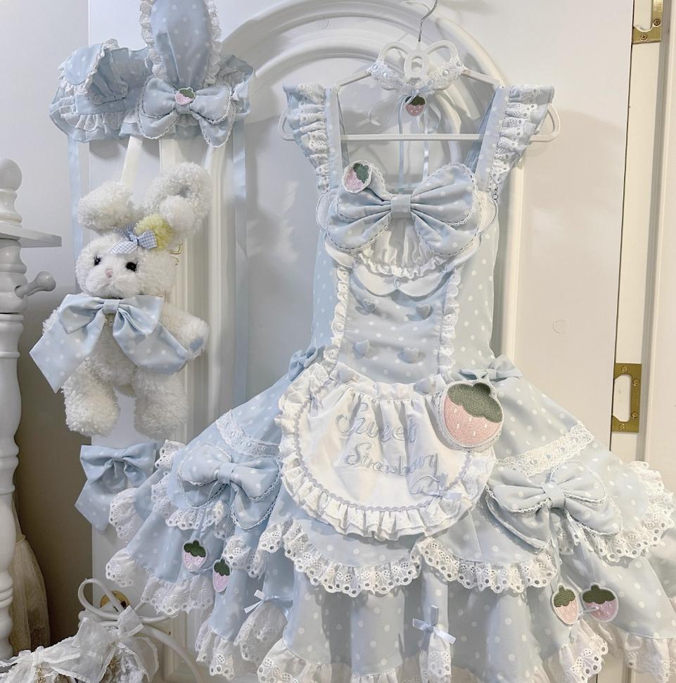 Salty Cream - Strawberry Polka Dot - Sweet Lolita JSK Dress Suit, Detachable Apron (L M S XL XS) 43897:789447