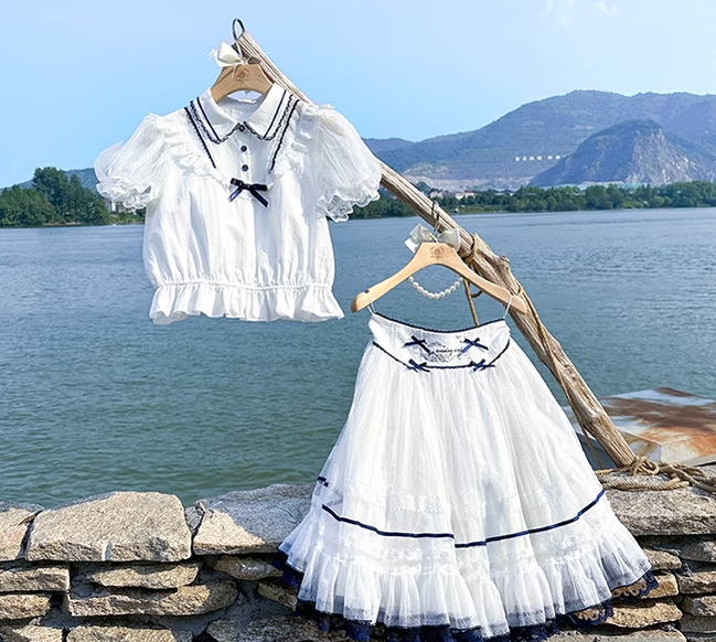 Flower and Pearl Box~Elegant Lolita Navy Blue-white JSK and OP S skirt 