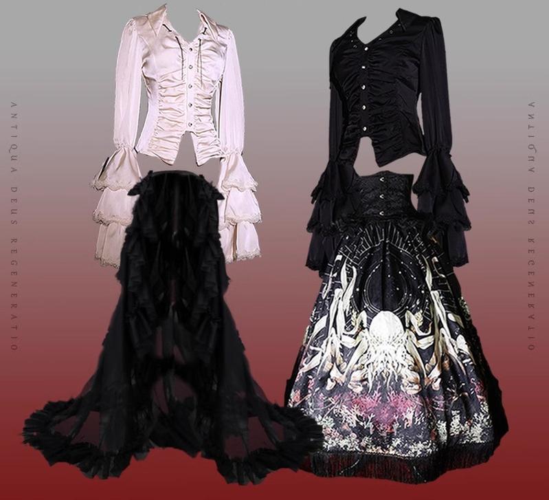 (BFM)Caged Bird Hotel~Reborn Ancient God~Gothic Lolita Shirt Lolita Skirt Set S Black and white double shirts + trailing full set 