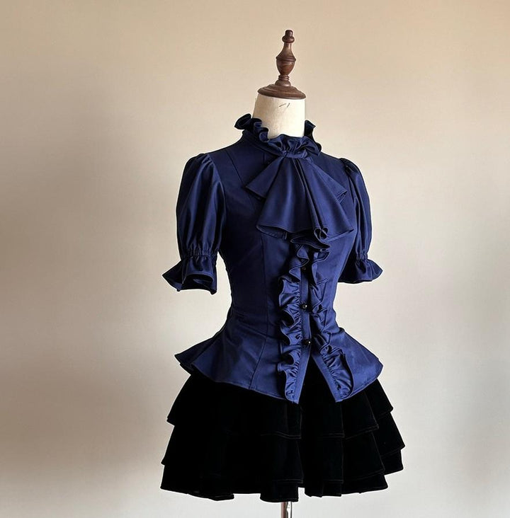 FlowerFairyDaily~Trace Night~Gothic Lolita Short-sleeved Shirt with Adjustable Waist