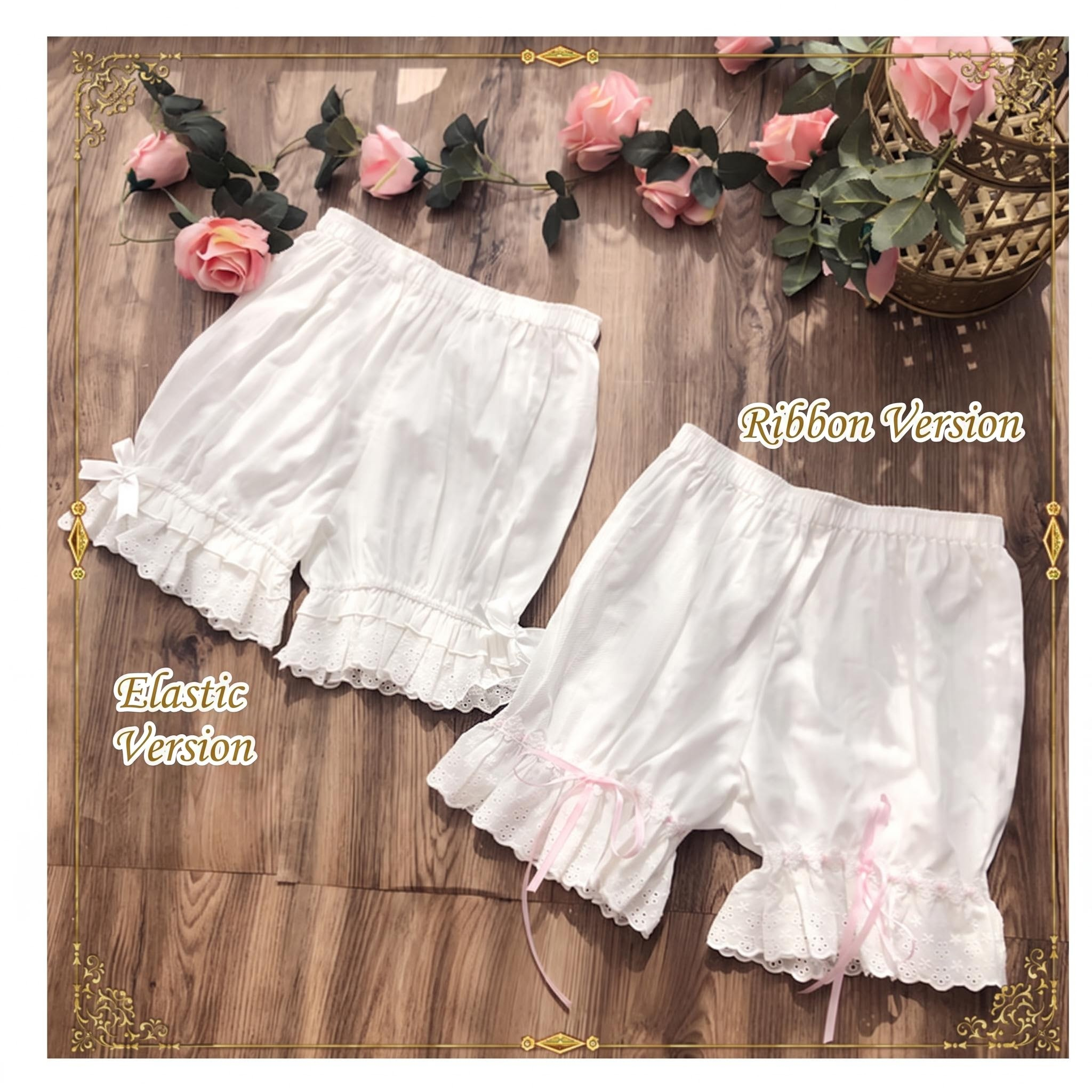 Elastic Waist Lolita Cotton Bloomers, Ruffled Leg Hem 45846:865087