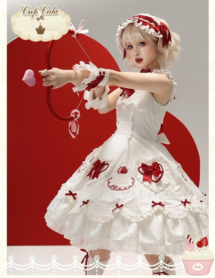 Mademoiselle Pearl - Cup Cake - White, Red Bow, Sweet Lolita Dress Set