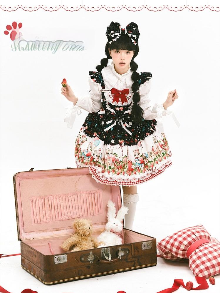 GD Lolita~Cat Strawberry Garden~Sweet Lolita Dress High Waist JSK Strawberry Print OP