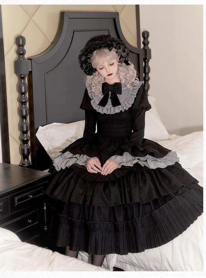 With PUJI~Midnight Chronicles~Black Old School Lolita OP Dress with Princess Sleeve