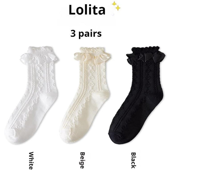 (BFM)JingChi~Sweet Lolita Socks Women's Multicolor JK Mid-Calf Socks White + beige + black Free size (36-39) 