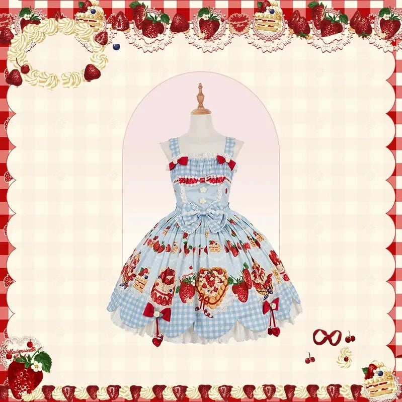 Strawberry Cake Pictorial - Cotton Sweet Lolita Petal Hem JSK, Strawberry Cake Print (L M S XL XS) 45810:863205