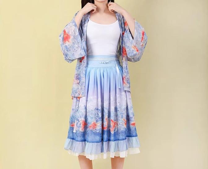 (BFM)EdenLost~Lotus Fish~Wa Style Goldfish Lolita SK Blue Skirt   