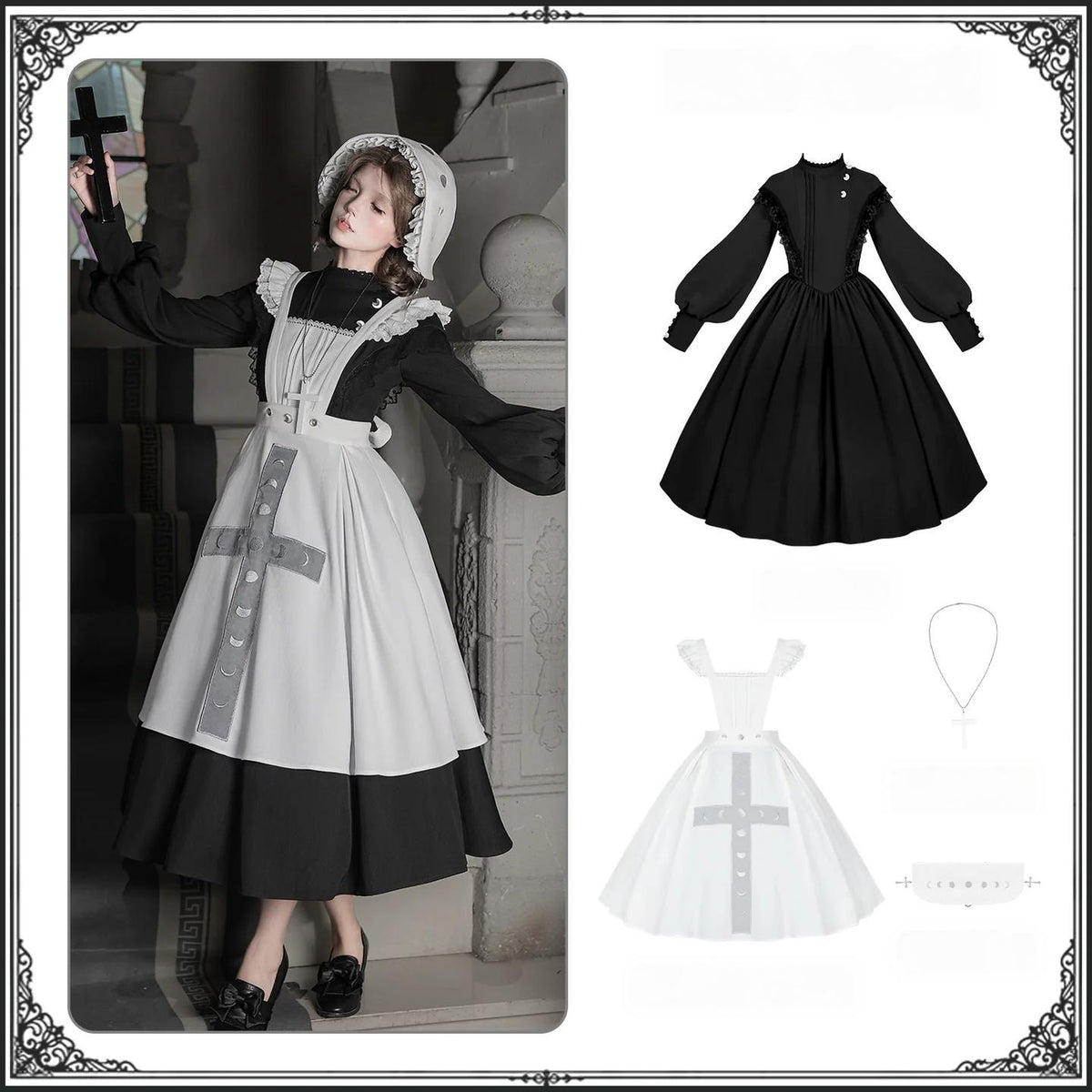 Moon Phase - Gothic Lolita OP Dress Set, Detachable Cross-Shaped Apron (M S) 46035:873475