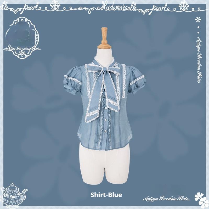 Mademoiselle Pearl~Antique Porcelain~Vintage Lolita Dress Elegant OP JSK XS Short-sleeved shirt (blue) 