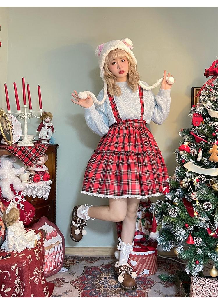 Labeau - Christmas Vintage Lolita Skirts Doll Collar Blouse Plaid Skirt Set