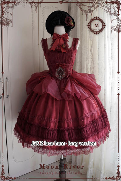 (BFM)Moon River~Gothic Lolita Dress in Red and Black Color S red JSK 2 version- lace hem-short version 