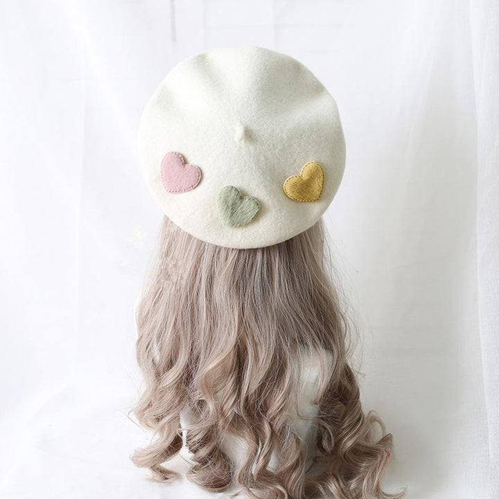 Xiaogui~Sweet Lolita Beret Loving Heart Wool Hat Multicolor M (56-58 cm) milk white (with 3pcs loving heart) beret 