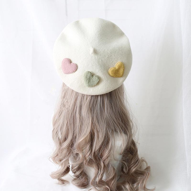 Xiaogui~Sweet Lolita Beret Loving Heart Wool Hat Multicolor M (56-58 cm) milk white (with 3pcs loving heart) beret 