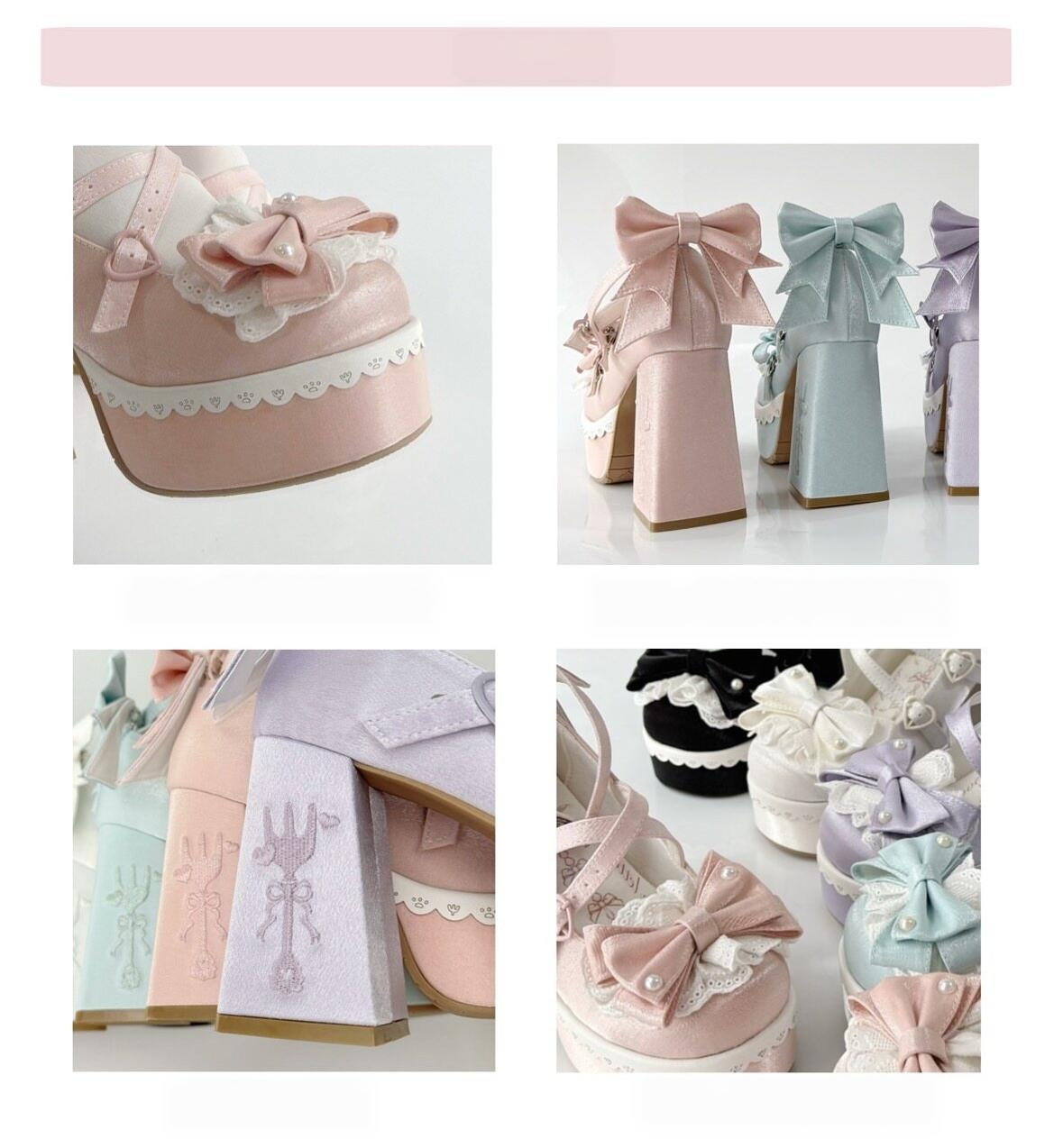 Tea Party Tale - Sweet Lolita Platform Heels, Bow Strap & Fork Embroidery 45905:867669