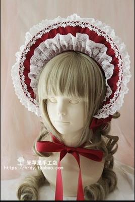 42Lolita Clearance Items Collection #19-Red white Lolita bonnet, free size  