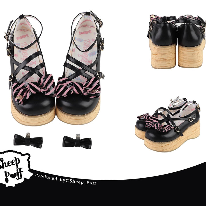 (BFM)Sheep Puff~Candy Tea~Sweet Lolita Shoes Striped Bow Thick-Soled Shoes 35 black 