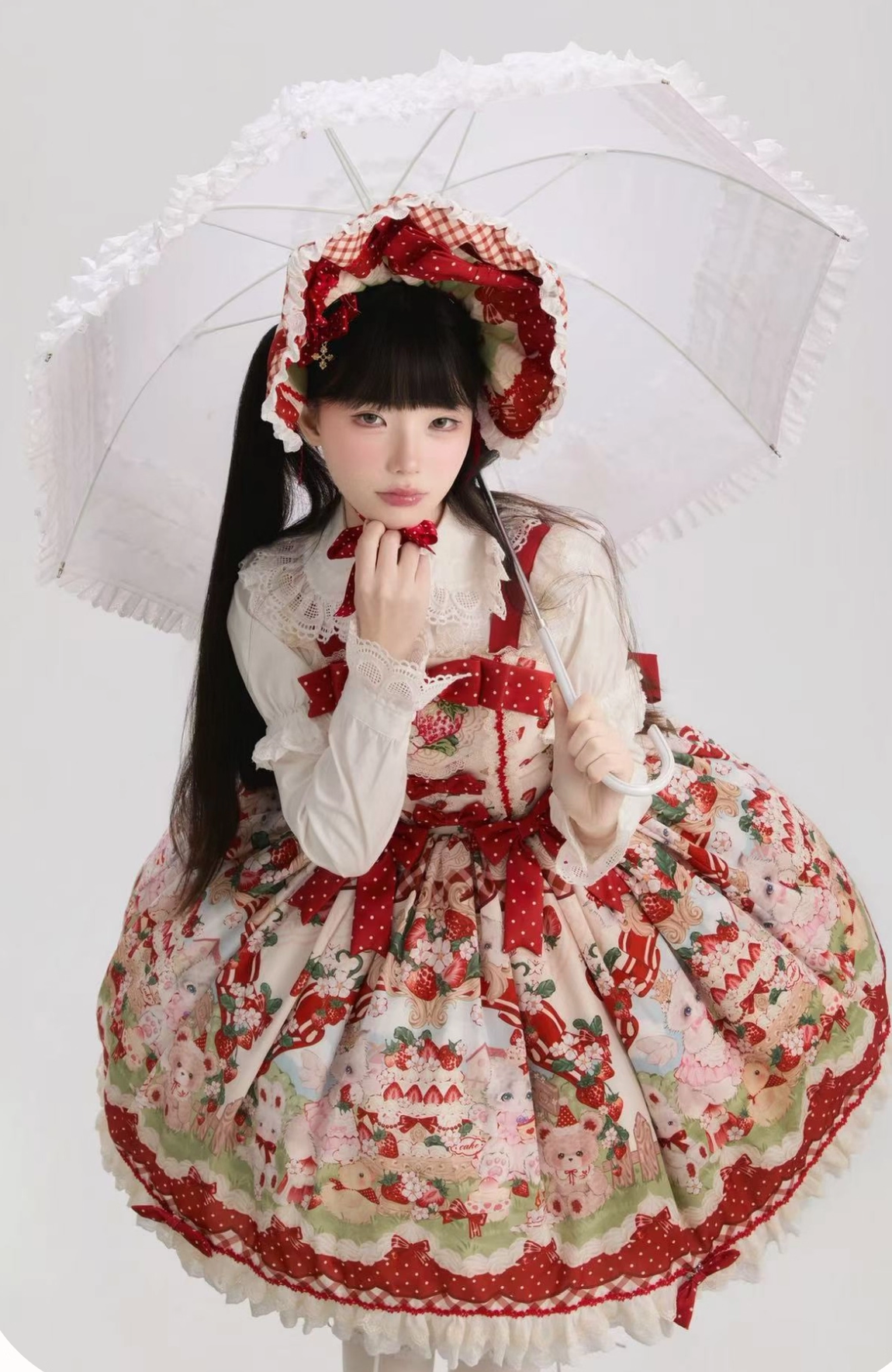 Strawberry Cat - Printed Sweet Lolita JSK Dress, Embroidered Strawberry
