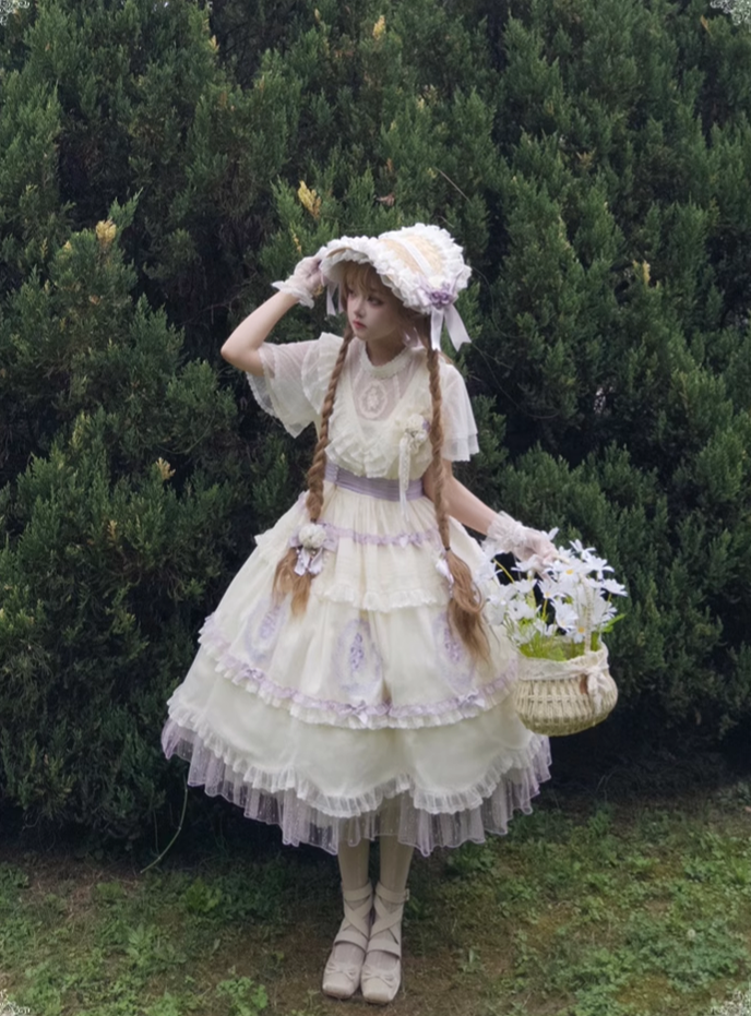 Nectarine White Tea~Bellflower Guide~Classic Lolita OP Dress Elegant Edward Dress XS Dreamy purple OP with belt 