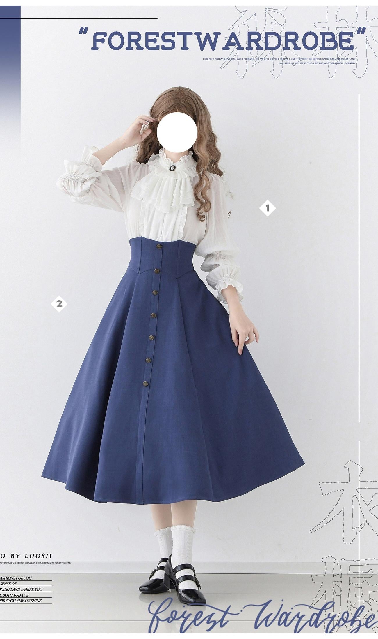 Misty Forest - White Classic Lolita Long Sleeve Blouse, Detachable Jabot