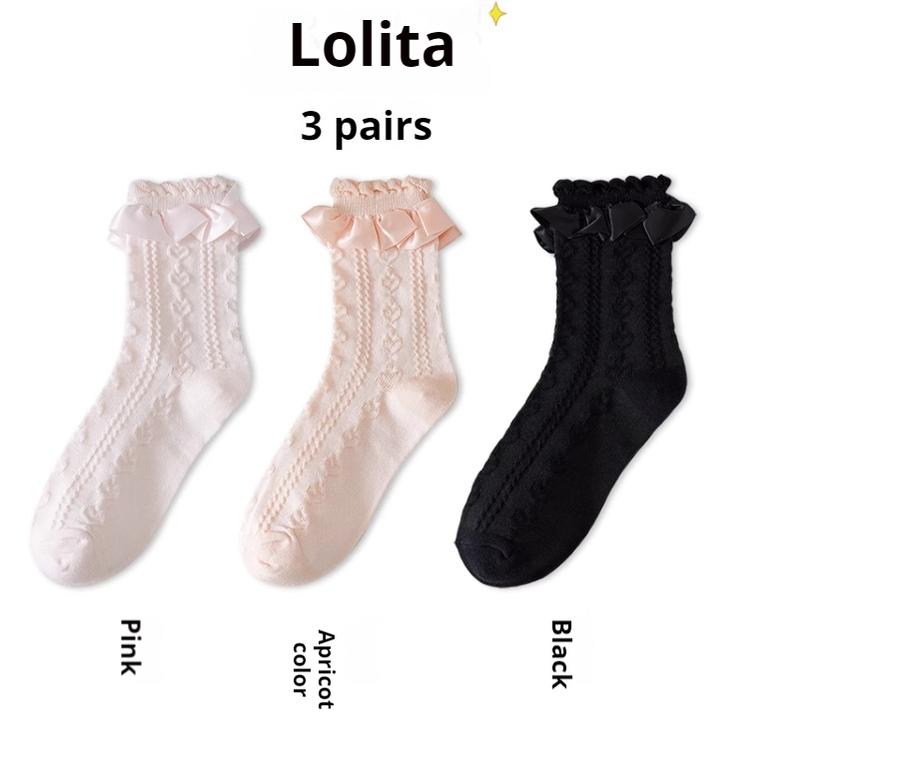 (BFM)JingChi~Sweet Lolita Socks Women's Multicolor JK Mid-Calf Socks Pink + apricot + black Free size (36-39) 