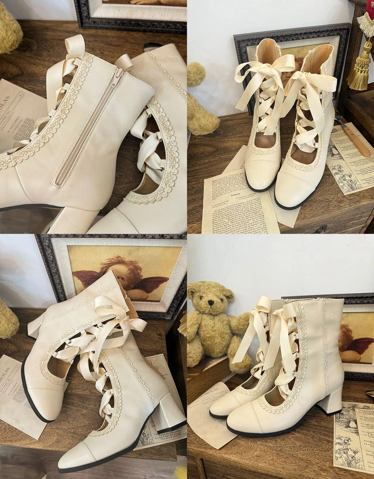 Angel Floral Wall - Classic Lolita Straps Ankle Boots, Side Zipper 45766:861664