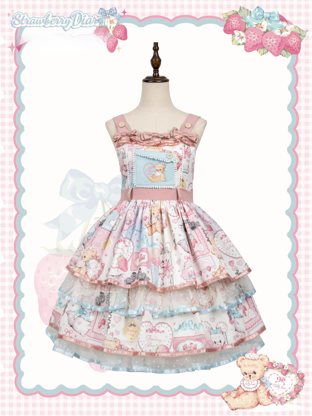 LittlePlum~Showa Strawberry Diary~Sweet Lolita Dress Outfit Printed Showa Era JSK Set JSK - White x Pink Only S