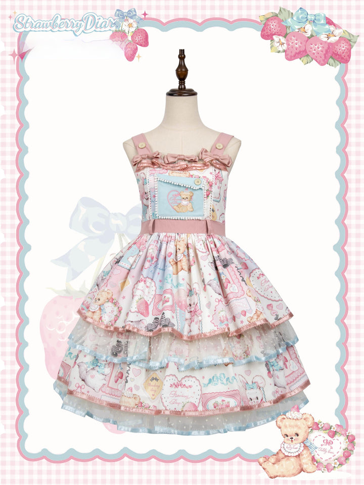 LittlePlum~Showa Strawberry Diary~Sweet Lolita Dress Outfit Printed Showa Era JSK Set JSK - White x Pink Only S