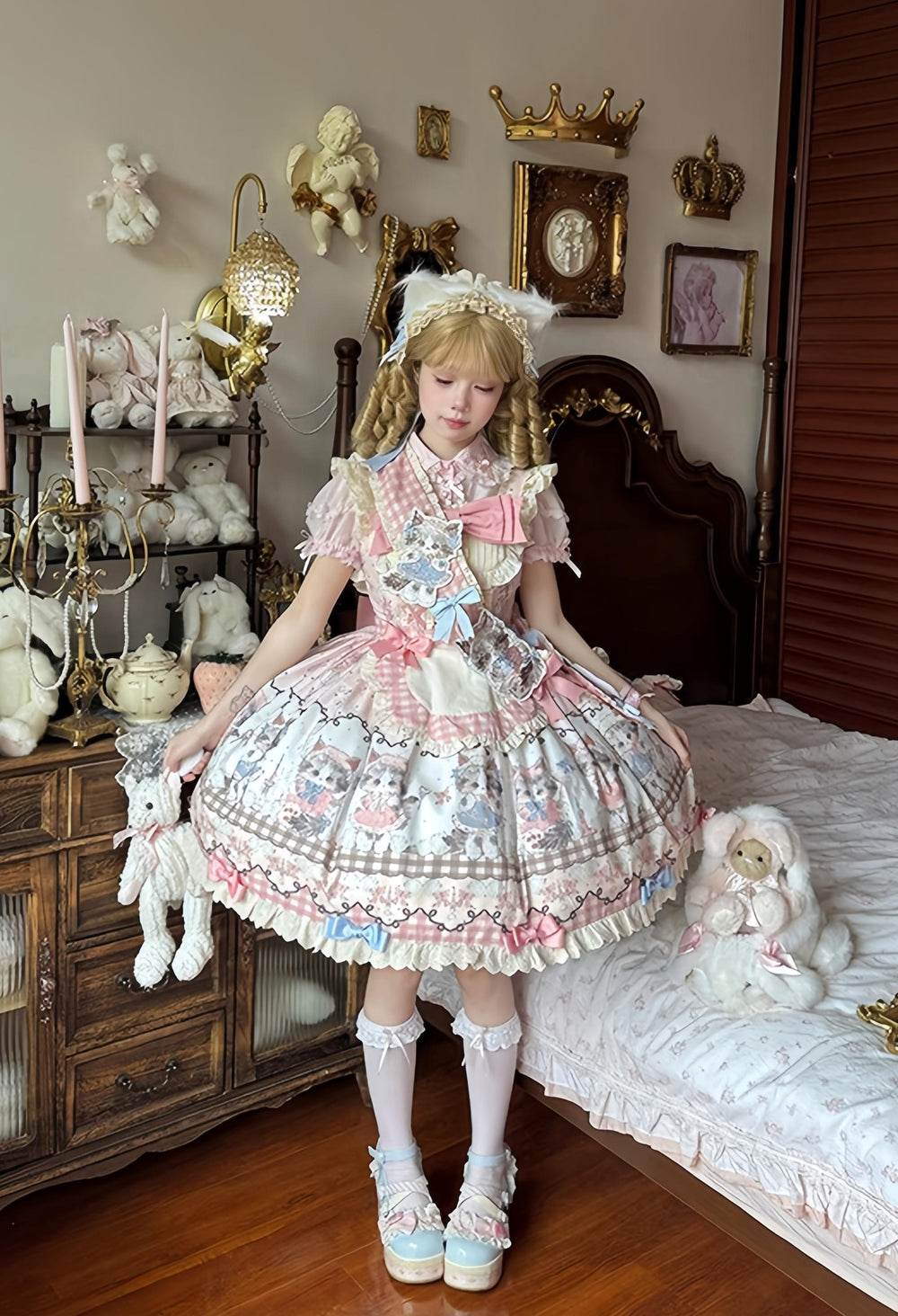 Shattered Lace Dream - Shattered Cat - Cat Printed Kawaii Lolita JSK Dress, Embroidered Sash