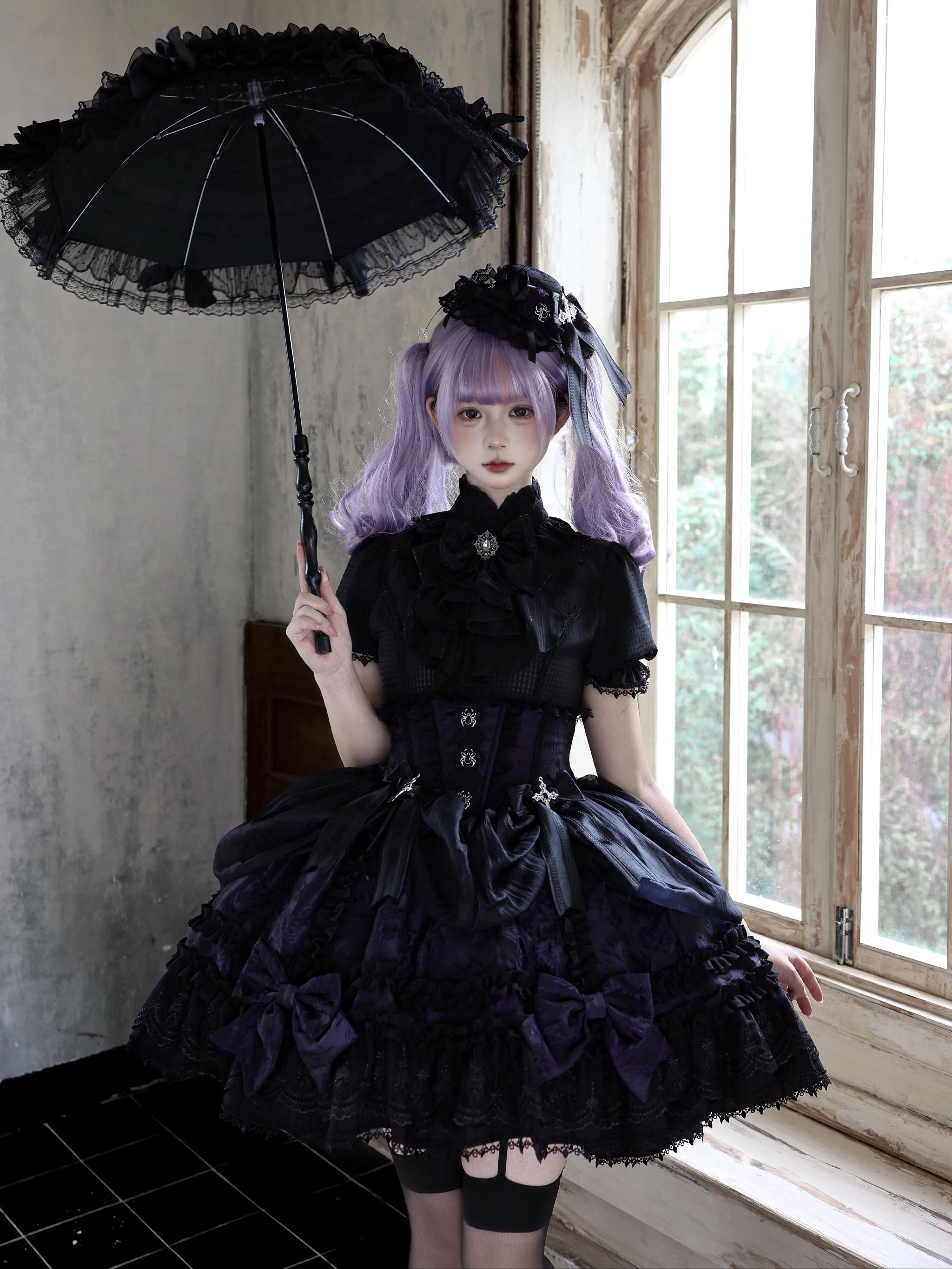 Spider Cross Knot - Gothic Lolita Skirt Set, High-low Hem and Fishbone Waist 45733:860155