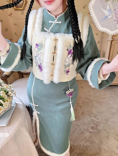 Yingtang~Winter Lolita Dress Chinese Style Qi Lolita Vest Dress Suit XL Apricot Padded Vest 