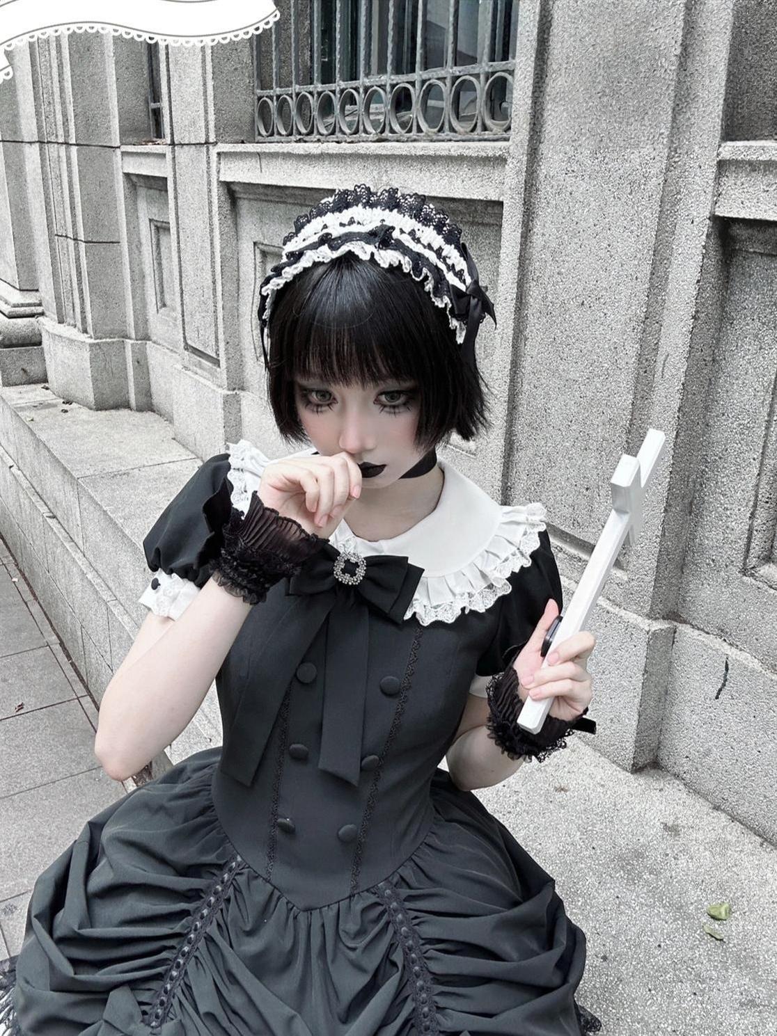 Obsidian - Gothic Lolita OP Dress, Irregular Collar with Pearls 44789:822290