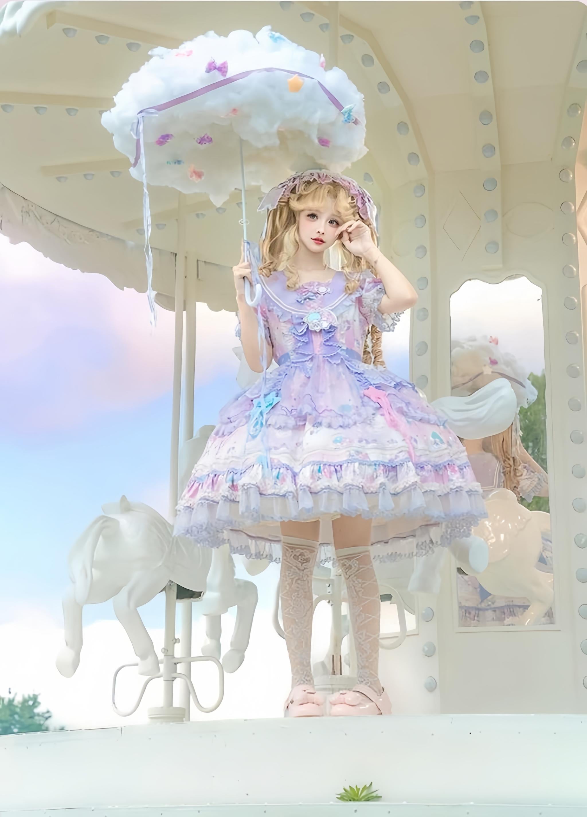 Little Twin Stars - Cotton Lining Sweet Lolita Dress Set, Unicorn and Star Print 45655:857293