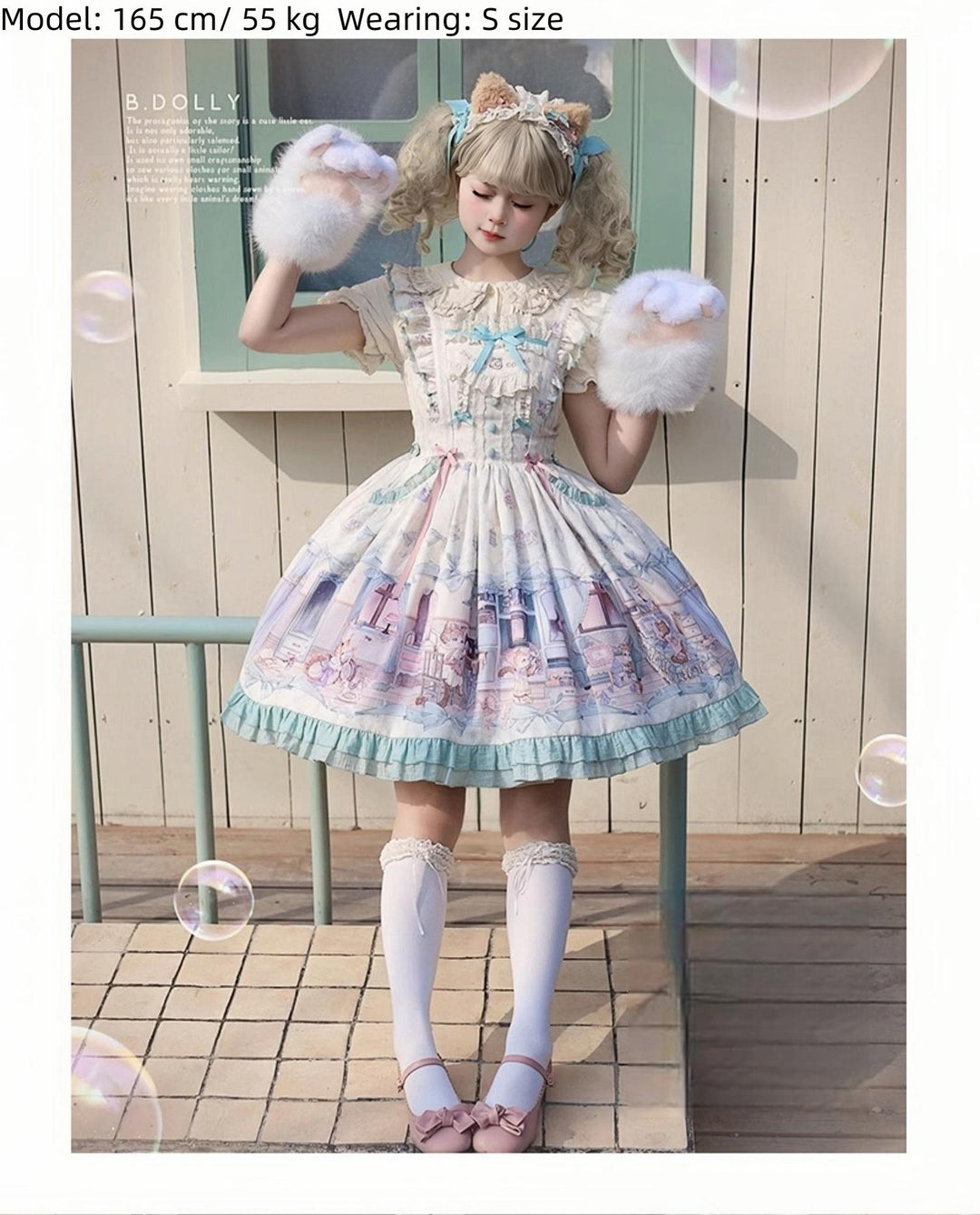 Baduoni~Dream Core Childhood~Kitty Printed Sweet Lolita JSK with Cute Headband