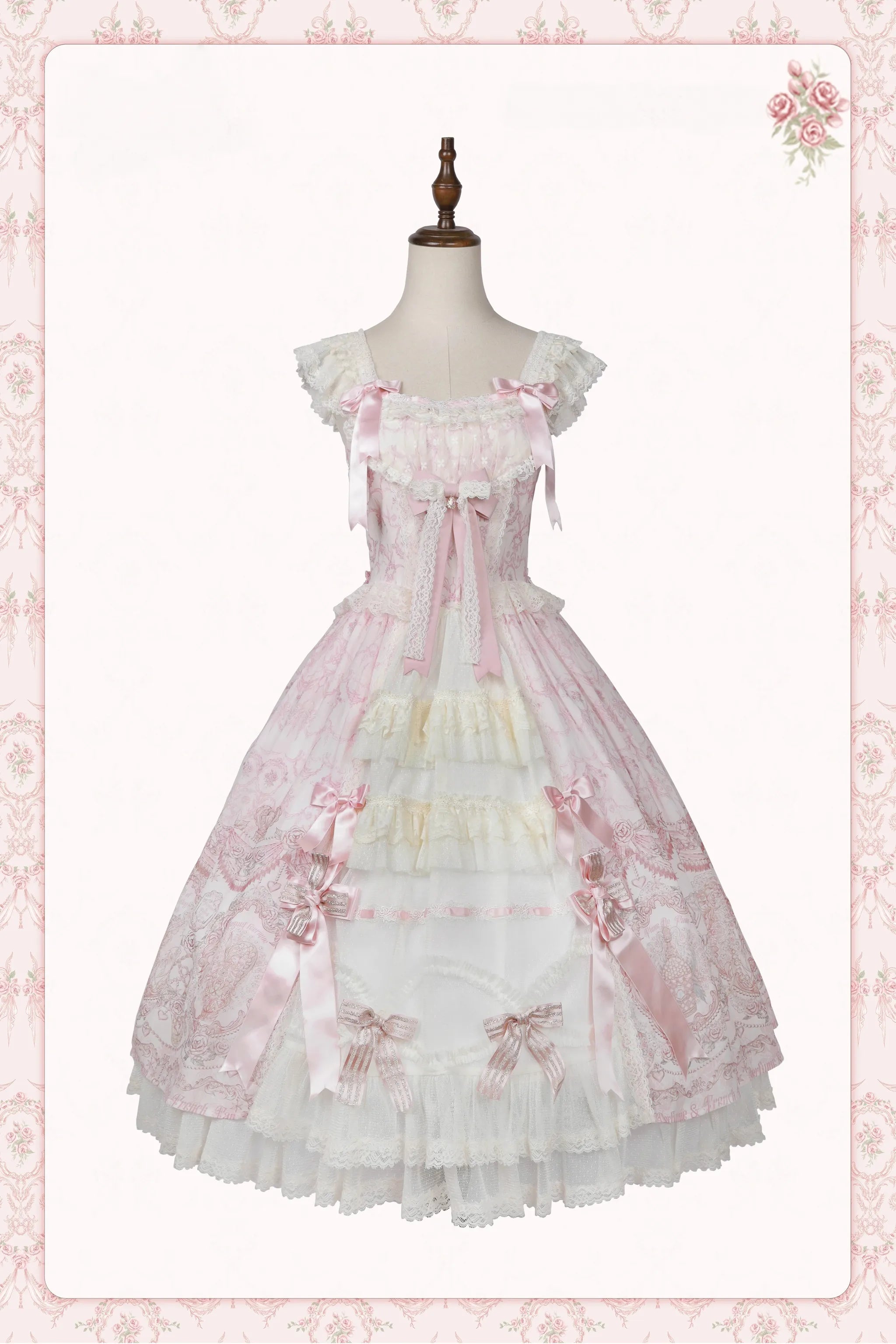 Rose Fragrance - Classic Lolita Lace JSK & OP Dress, Rose & Perfume Bottle Print (L M S) 45850:865554