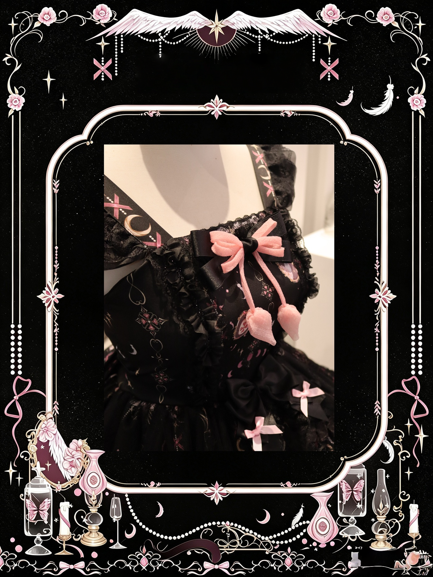 Lunar Cat Crown - Sweet Lolita Black JSK Dress, Angel Cat and Moon Print 45686:858739