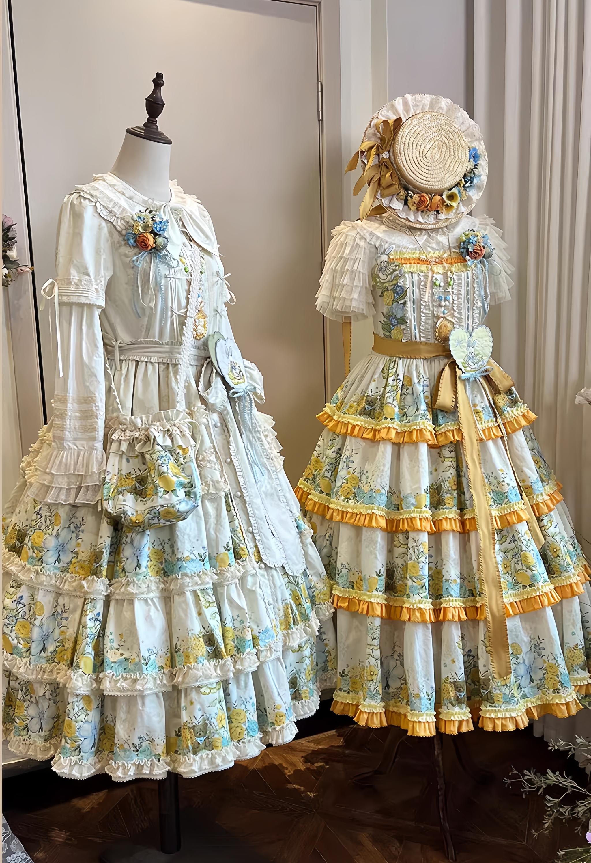 Flower Rabbit Bear - Country Lolita Tiered Skirt Dress, Floral & Bear Print