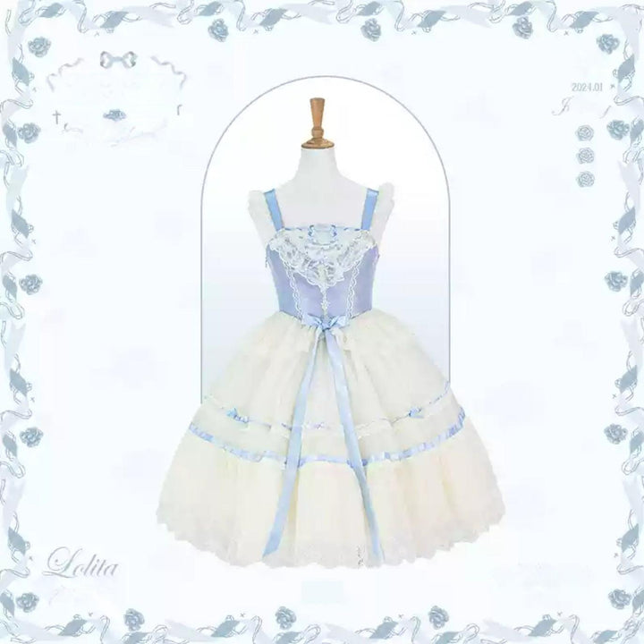 Mademoiselle Pearl~Silk Ballet~Wedding Lolita JSK Dress Princess Ballet Dress XS Medium JSK (Blue) 