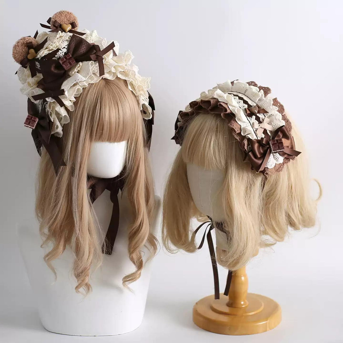 Coffee Brown Kawaii Lolita Hairband Accessory Set, Lace & Bear Ears 46088:874545