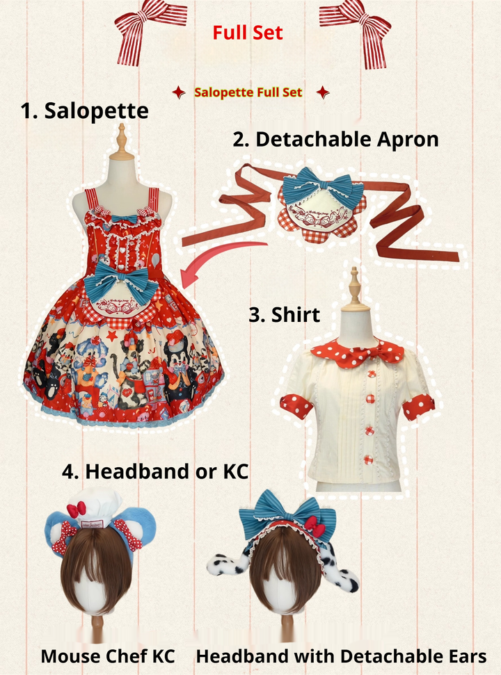 Star Fantasy~The Dogs Party~Kawaii Lolita Dress Set with JSK Salopette and Shirt S Red - Salopette KC Full Set (salopette+apron+KC)