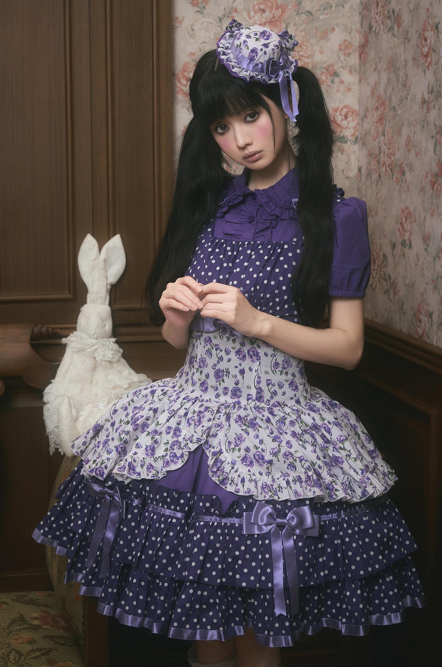 Libobo - Cotton Old School Lolita JSK Dress, Polka Dot & Floral Print 45878:866119
