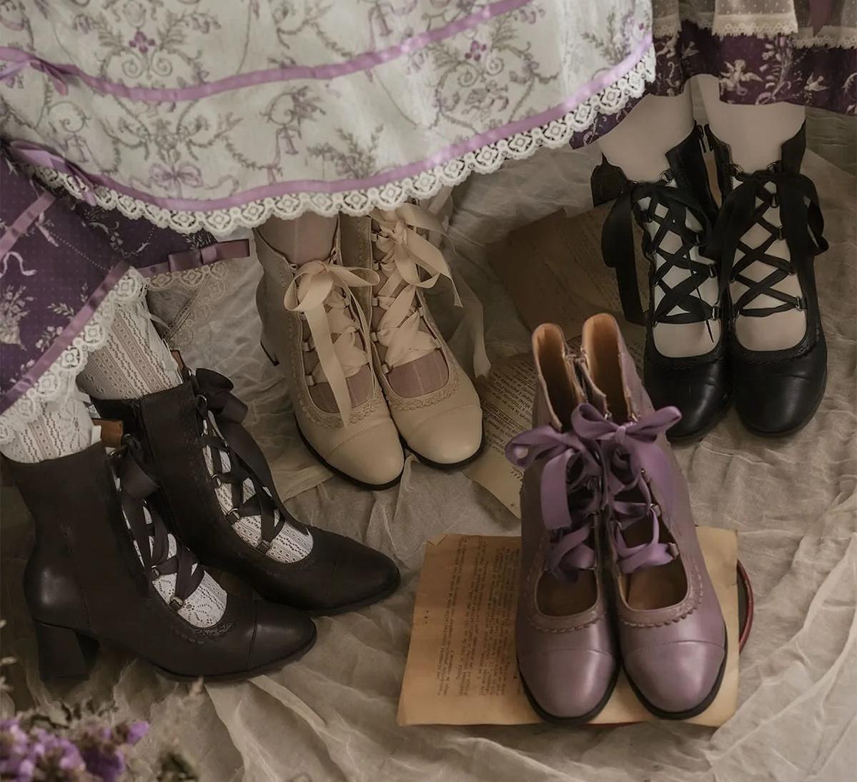 Angel Floral Wall - Classic Lolita Straps Ankle Boots, Side Zipper 45766:861677