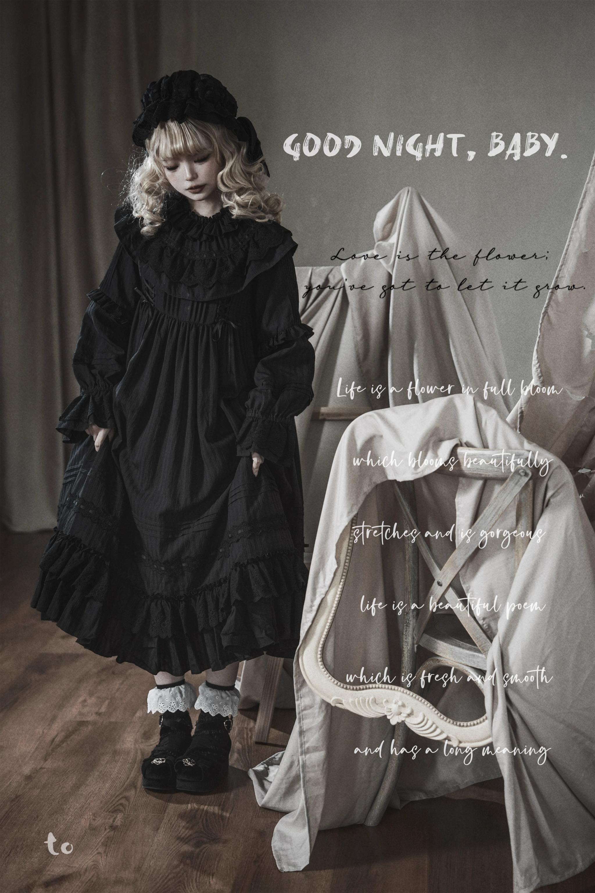 Sanshanjiu - Goodnight Black - Gothic Lolita Black OP with Round Cape Collar Regular OP + Waistband S