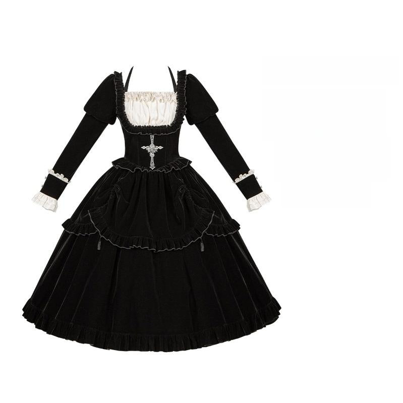 With PUJI - Apocalypse - Gothic Lolita Velvet OP Dress Set, Fishbone Waist (L M S) 44128:797360