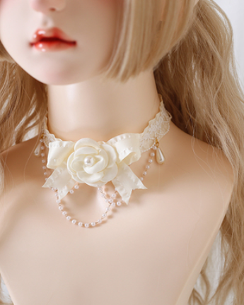 Xiaogui - Elegant Lolita Lace Camellia Necklace B version wooden ear edge bow