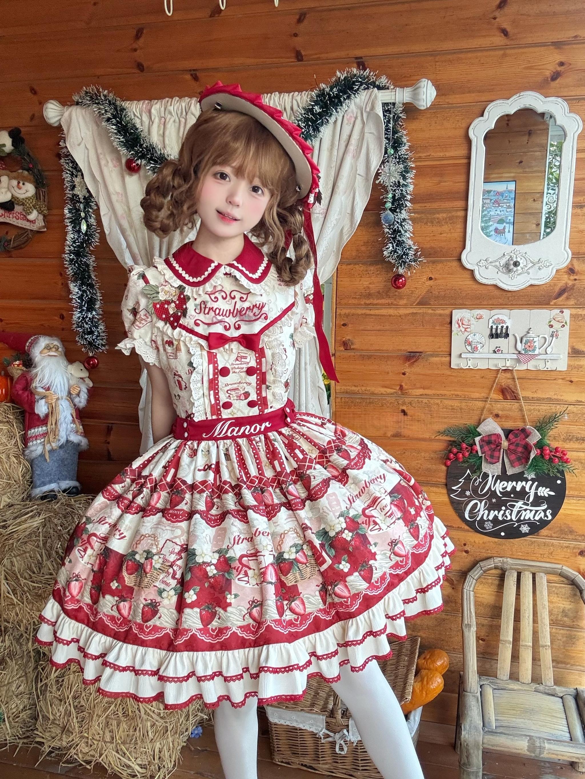 Strawberry Garden - Sweet Lolita JSK & OP Dress, Strawberry Print 44455:810090