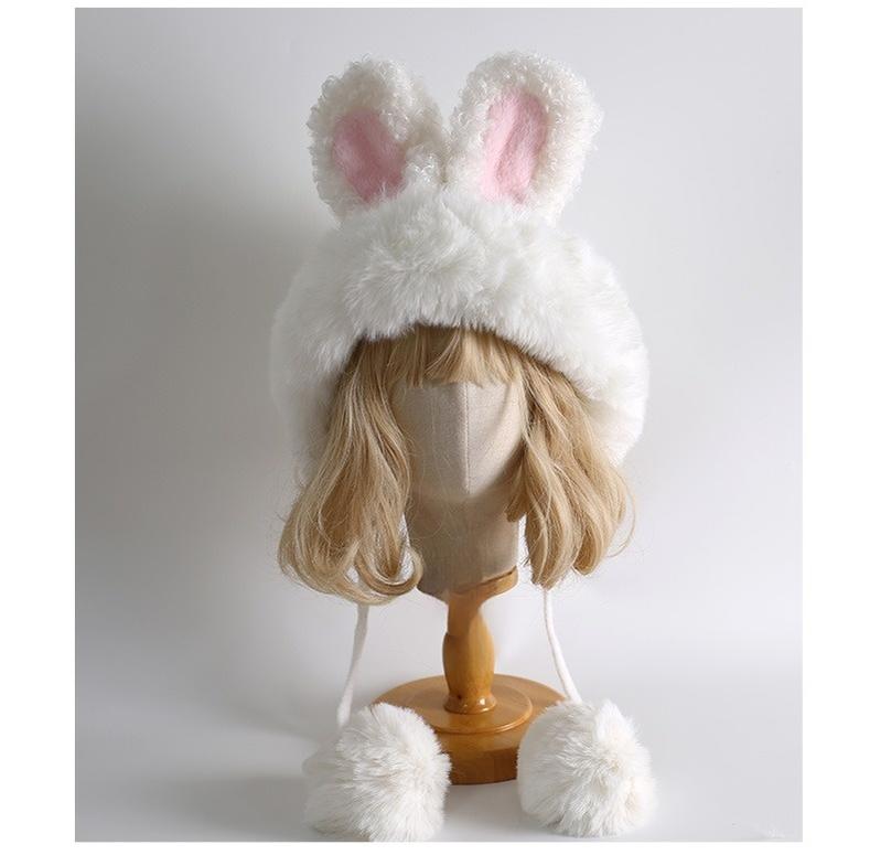 Xiaogui - Winter Kawaii Lolita Hat Plush Warm Hat with Pom-Poms