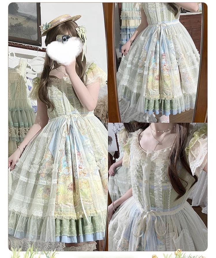 Strawberry Fantasia~Spring Bloom~Country Lolita JSK Set with Animal Prints and Overlay