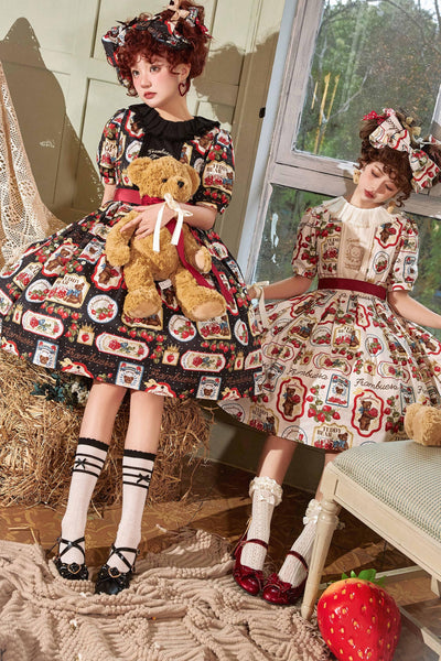 Frambuesa~XiangYe~Sweet Lolita OP Dress Bear Strawberry Prints Dress   